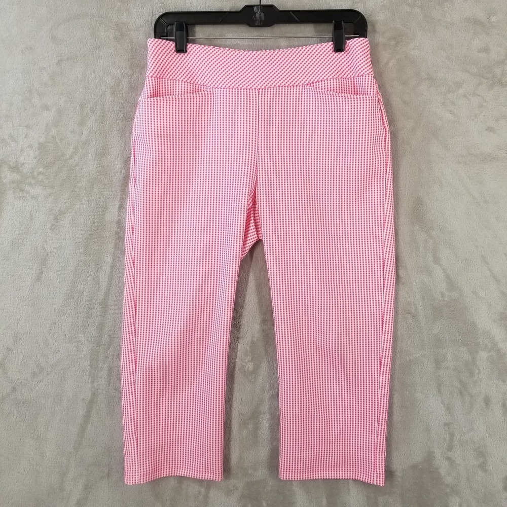 Acegolf Golf Pants Womens Medium Pink Gingham Check Capri Pull On Stretch